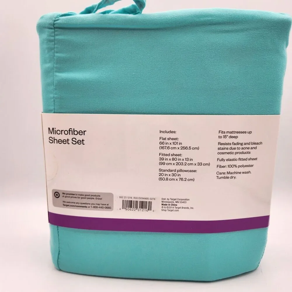 Room Essentials Mircrofiber 3 Piece Sheet Set Twin/XL Twin Aqua Top Bottom Case